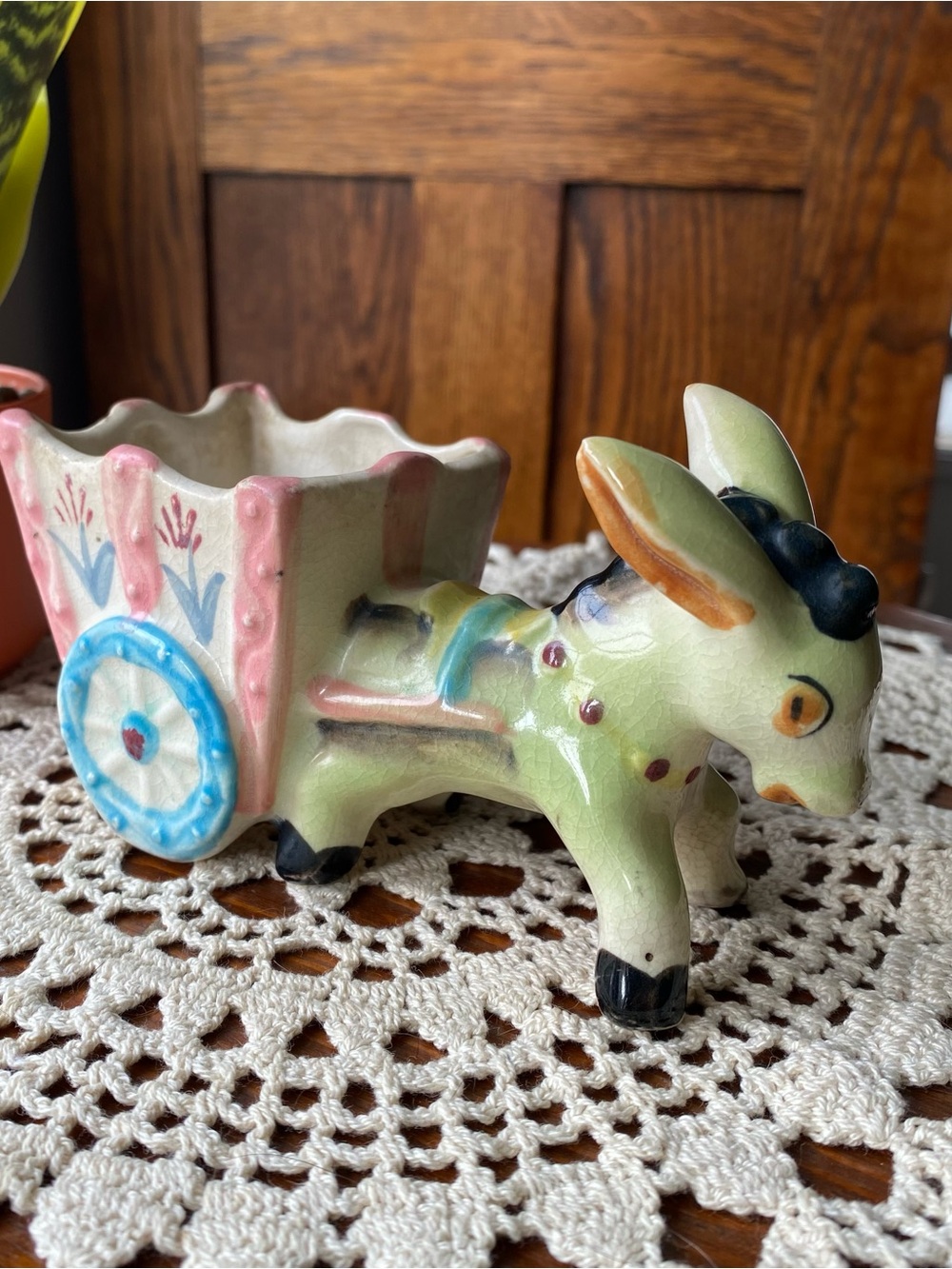 Vintage Ceramic Donkey Planter in Green, Pink and Blue